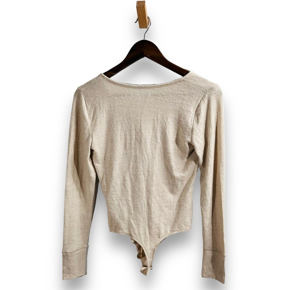Abercrombie Fitch Bodysuit Tie Front V Neck Beige Small Clean Girl Minimalist - Picture 4 of 11